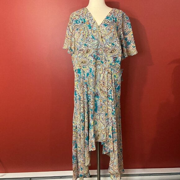 SHARAGANO Women's Aqua/Coral Print Assymetrical Dress - Size 20W - NWT $138 - Picture 1 of 6